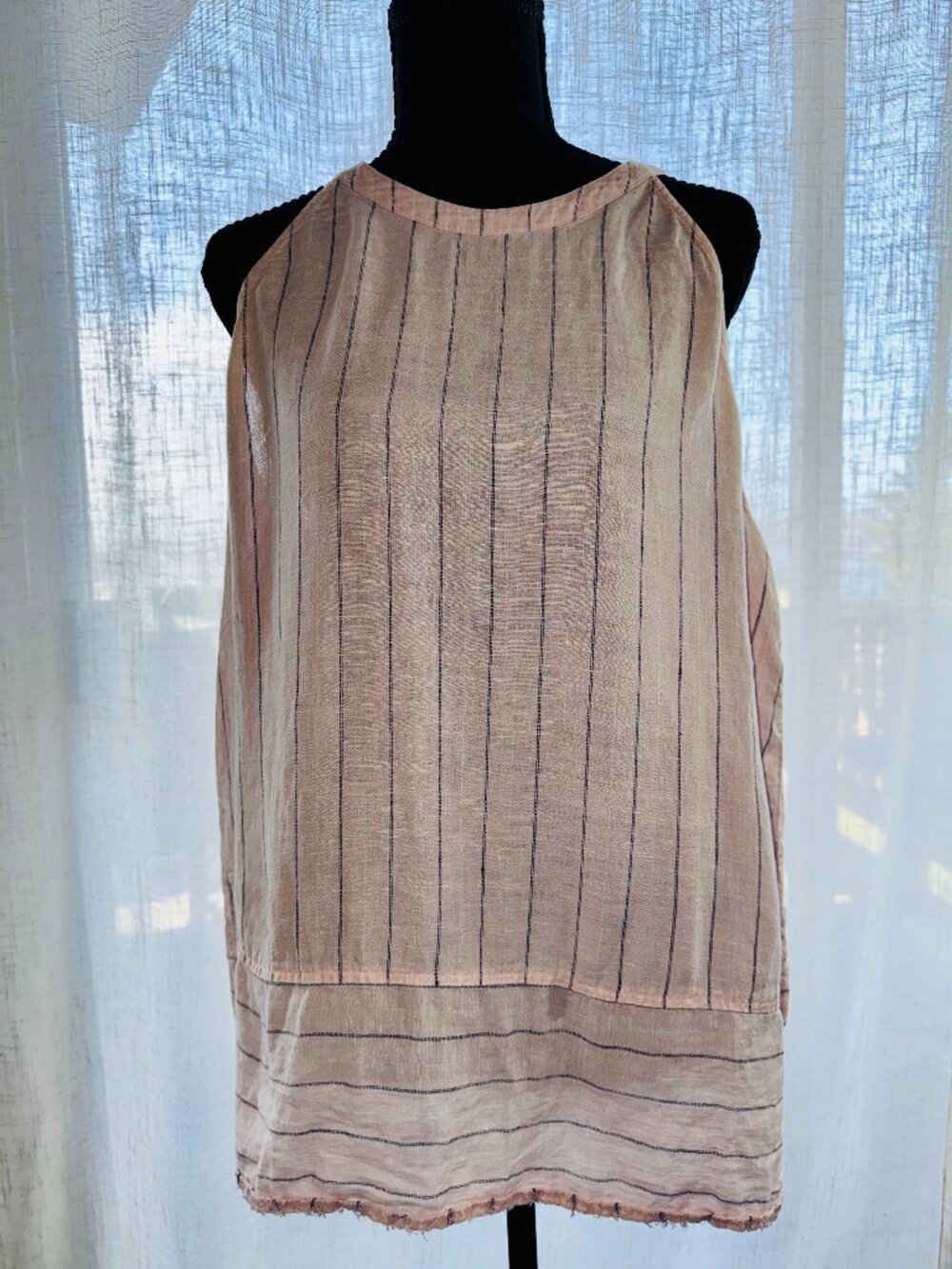 Pure Navy 100% Linen Striped Halter Neck Tank Top - Size XL